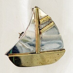 Vintage Mixed Metal Sterling Silver 925 & Brass Sailboat Pin Pendant